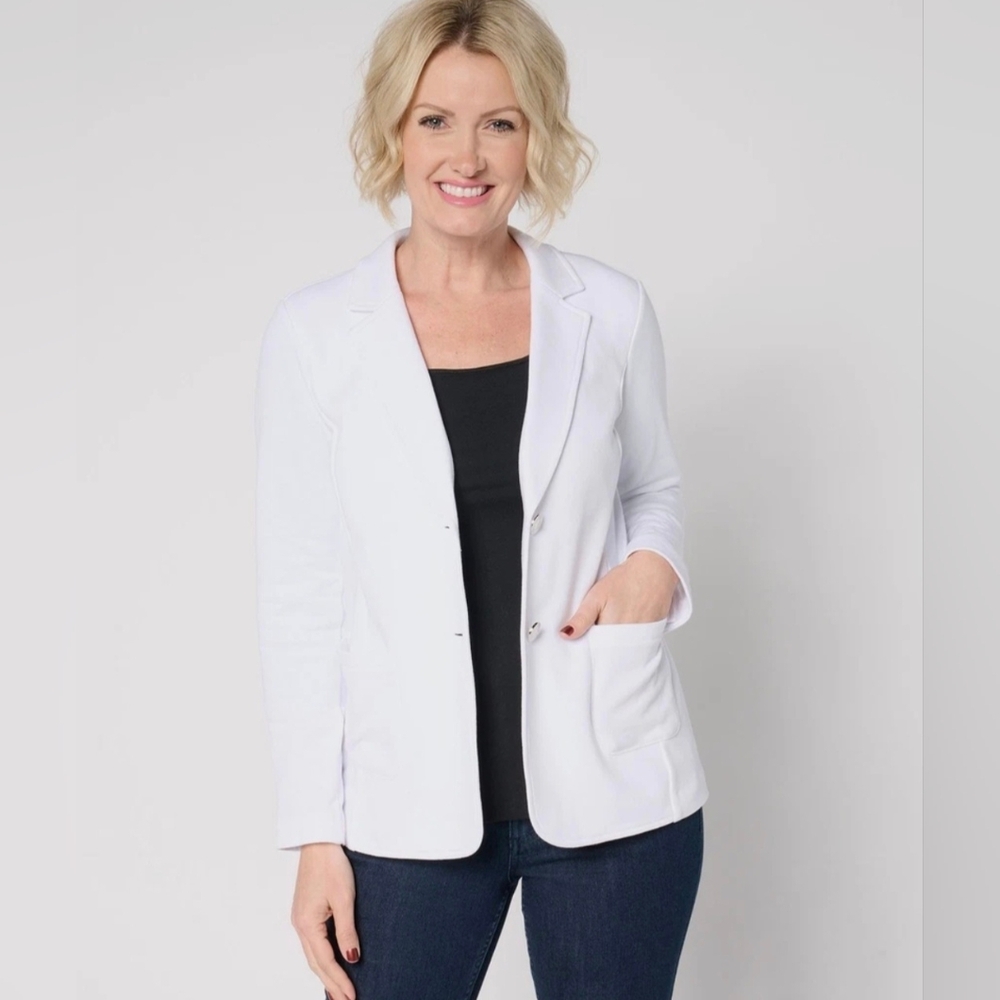 New Susan Graver Knit White Blazer Jacket Preppy Designer XL Beach Cottagecore